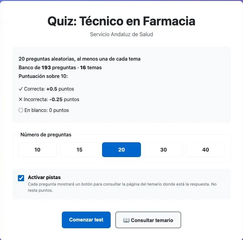 Pantalla de inicio: banco de 193 preguntas y 16 temas, selector de 10 a 40 preguntas y casilla para activar pistas.