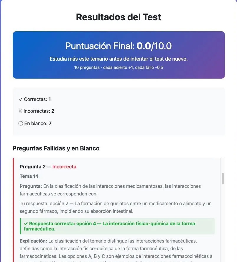 Pantalla de resultados: nota sobre 10, recuento de correctas, incorrectas y en blanco, y el detalle de una pregunta fallada con su explicación.